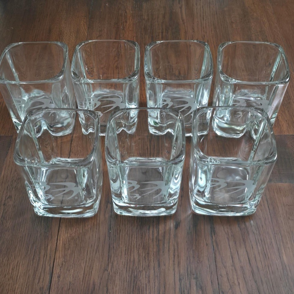 OZARK Airlines Set of 7 Square Etched Bird Logo Lowball Clear Glass MCM Barware - Picture 5 of 12